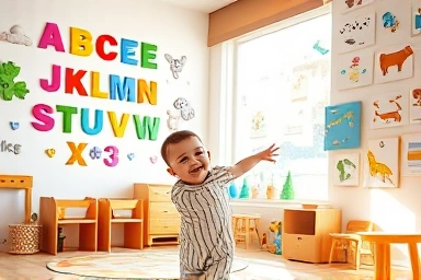 Toddler learning from colorful educational wall charts in a bright nursery.